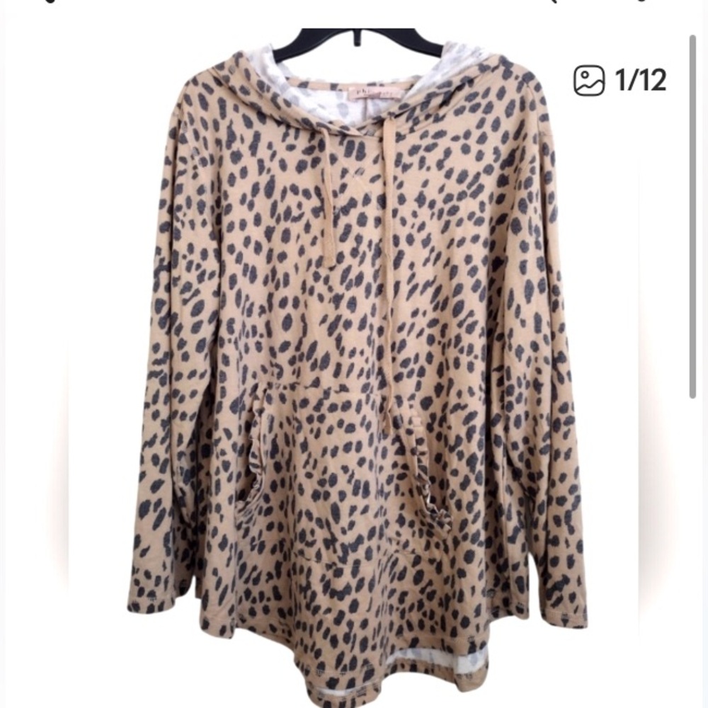 Philosophy Leopard Print Beige Grey Hoodie Ruffle Kangaroo Pocket Size 1X